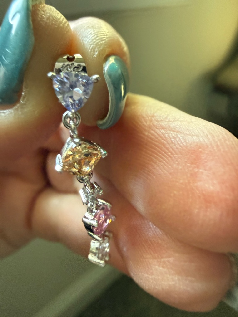 NEW! 14k White Gold Plated Multi-Stone Drop Earrings - Pink, Yellow & Clear - Picture 8 of 10